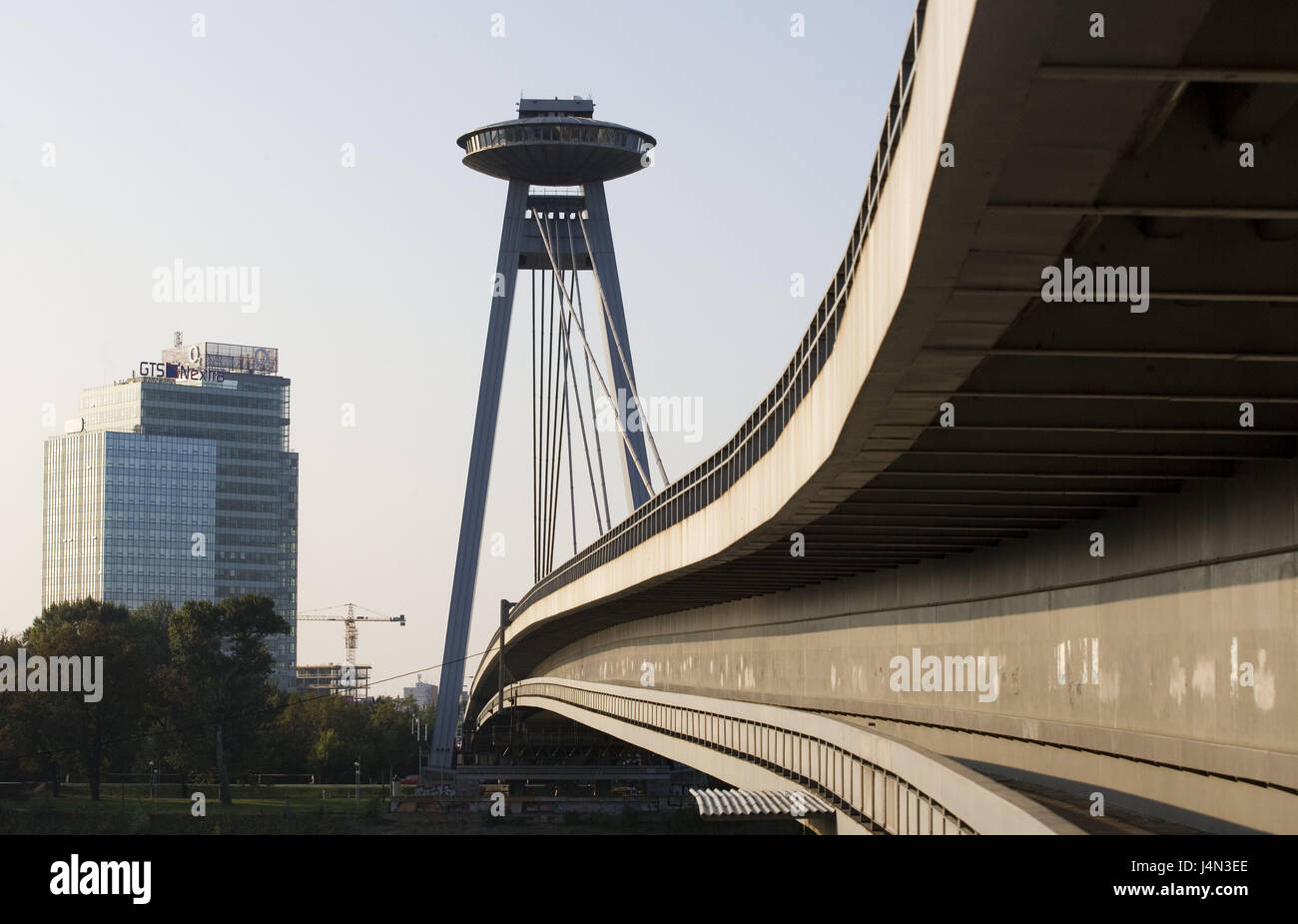 Slovakia, Bratislava, the Danube, new bridge, detail, capital, bridge construction, structure, architecture, place of interest, bridge, pylon, restaurant, destination, tourism, high rise, high-rise office block, Stock Photo