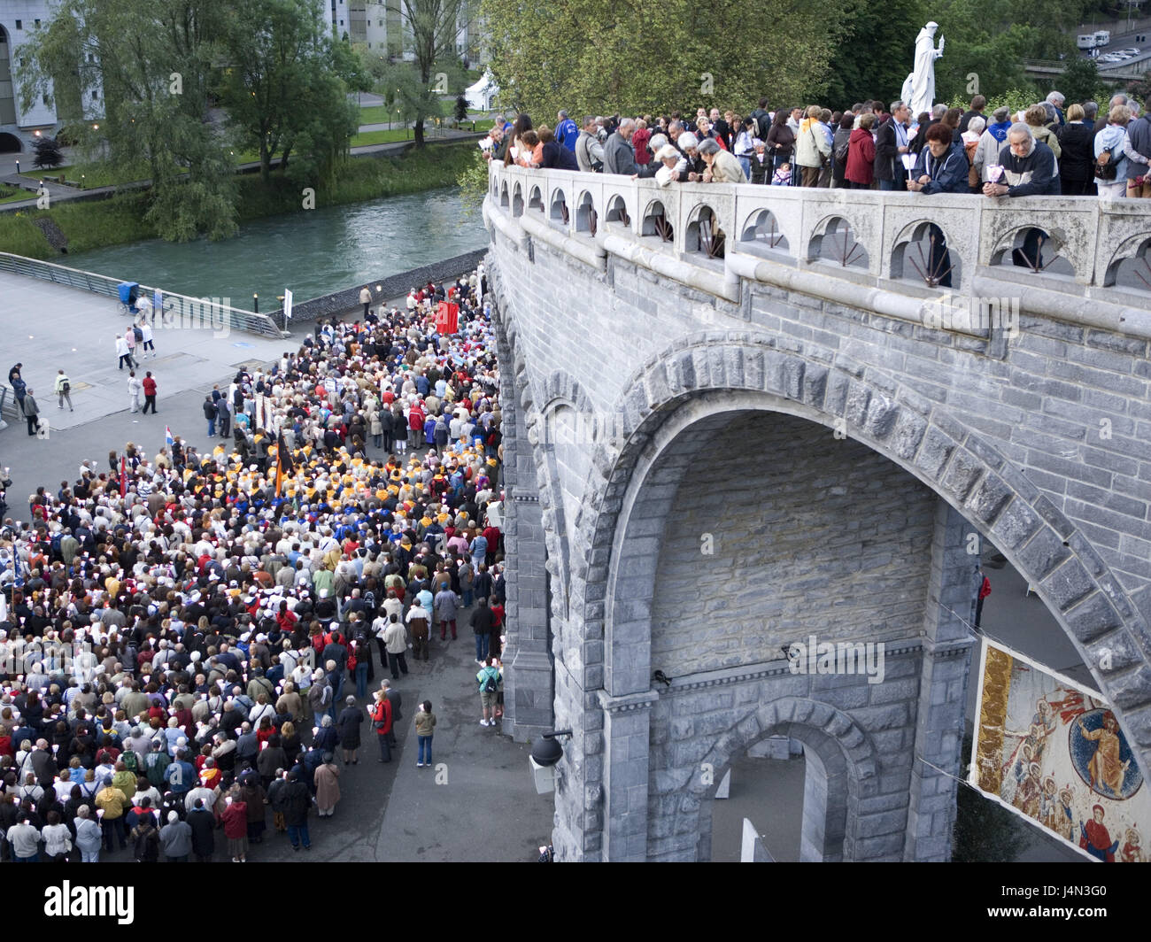 France, Lourdes, river, bridge, procession, pilgrim, skyers, from above