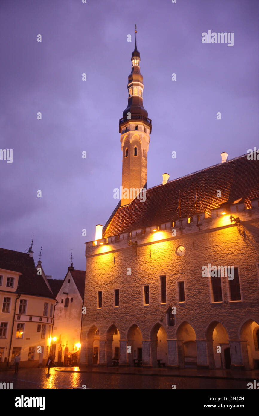 Estonia, Tallinn, Old Town, city hall square, city hall, lighting, dusk, Stock Photo