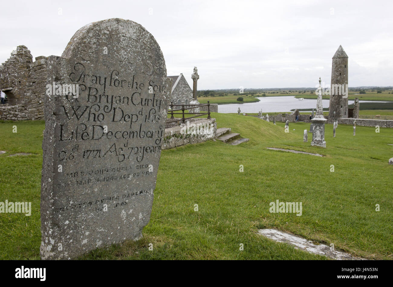 Ireland, Leinster, county Offaly, Clonmacnoise, cemetery, gravestone, Stock Photo