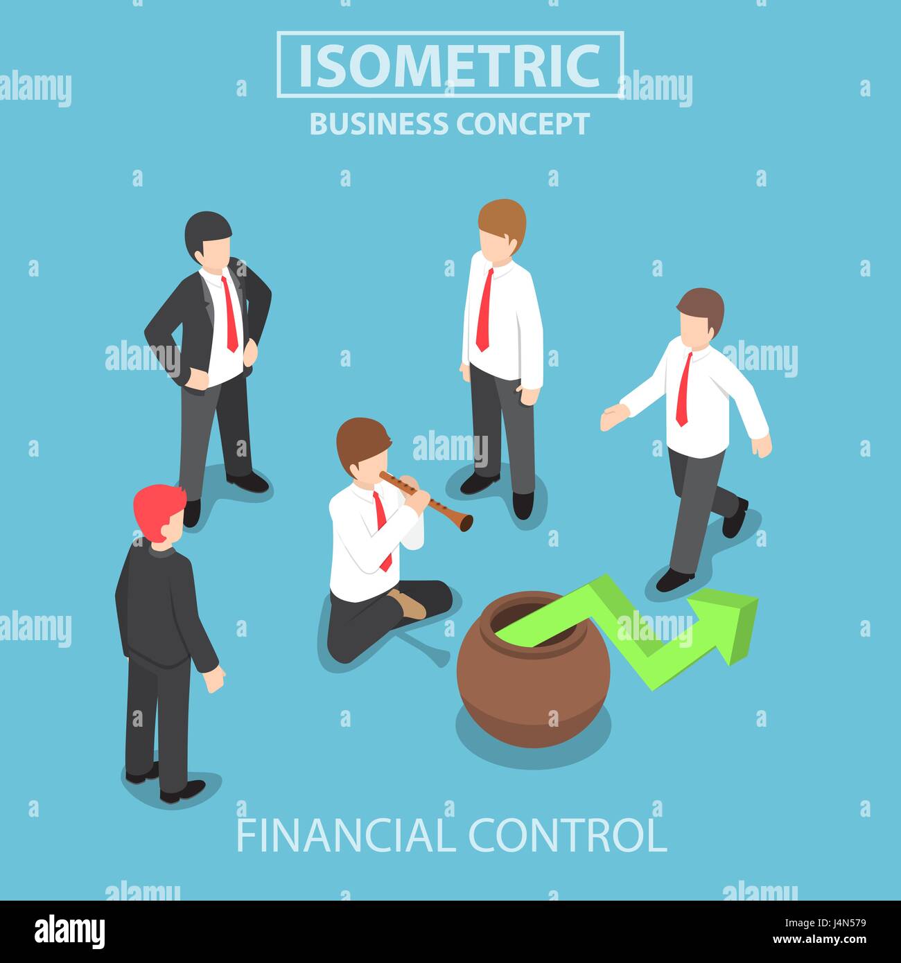 Flat 3d isometric businessman playing the flute to control stock market graph, business and financial management concept Stock Vector