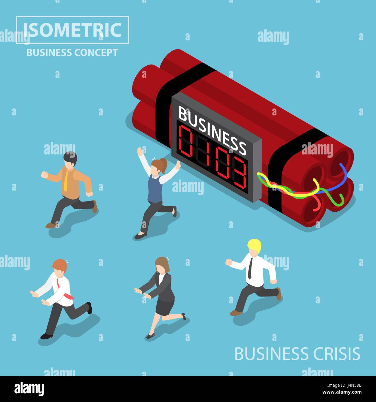 Flat 3d isometric businessman run away from business timer bomb, business crisis and deadline concept Stock Vector
