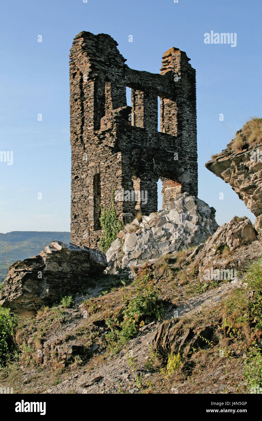 Germany, Rhineland-Palatinate, Traben-Trarbach, castle ruin castle Greven, place of interest, destination, tourism, hill, castle, ruin, remains, historically, Stock Photo