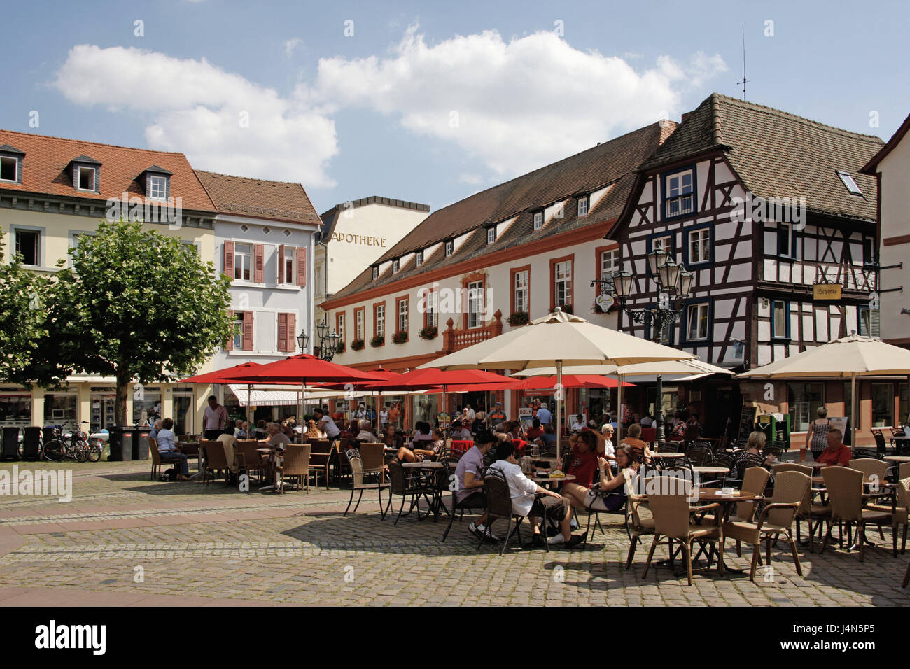Germany, Rhineland-Palatinate, Neustadt in Weinstrasse, marketplace, street cafes, town, houses, buildings, structures, architecture, place of interest, destination, tourism, bars, restaurants, cafe, person, tourist, Stock Photo