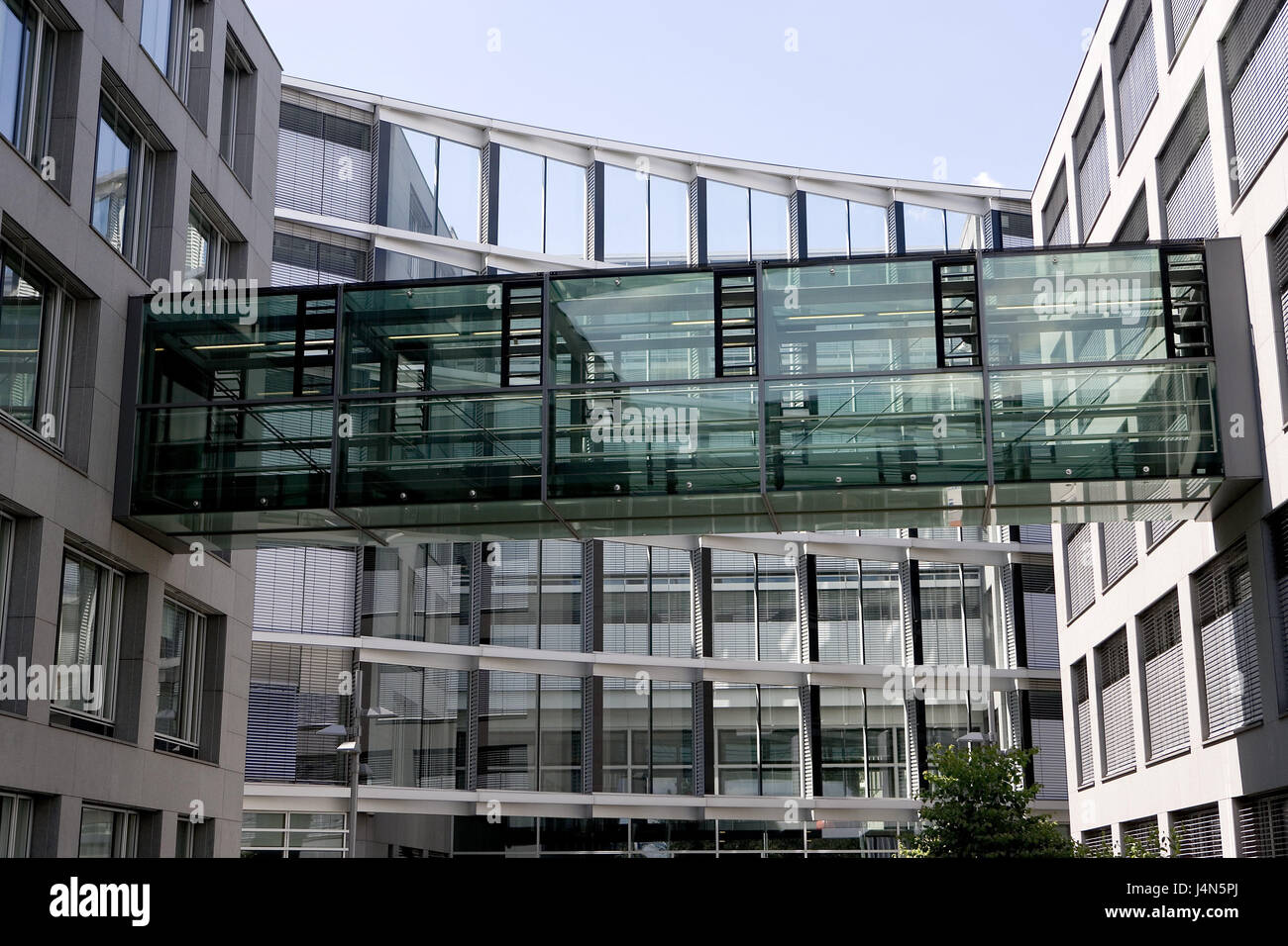 Germany, Upper Bavaria, Munich, office building, inner courtyard, connecting passage, Bavaria, building, structure, facade, office facade, walk, glass walk, architecture, urbane, company building, connection, Stock Photo