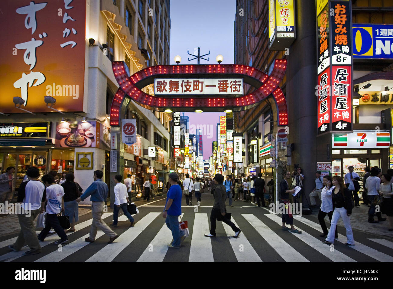 Japan, Tokyo, Shinjuku District, East Side, Kabukicho entertainment, street, pedestrian's crossing, Stock Photo