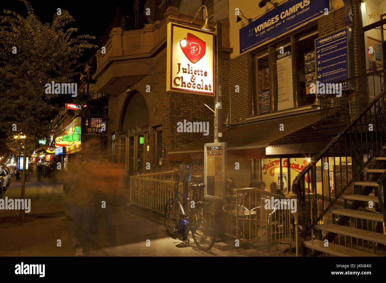 Restaurants, evening, passerby, blur, Rue Saint Denis, Montreal