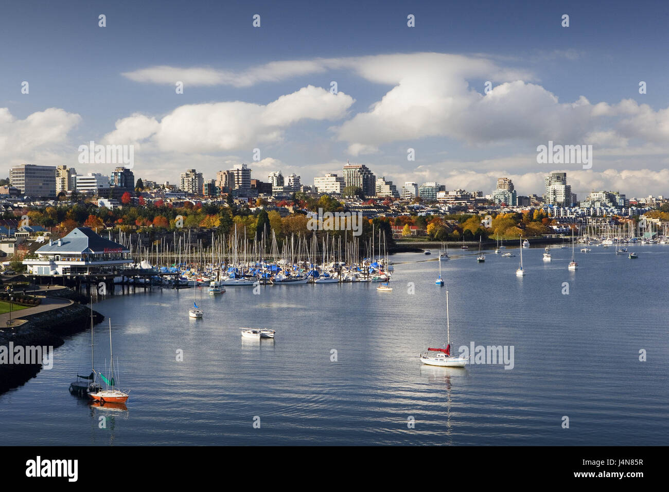 Canada, British Columbia, Vancouver, town view, False Creek, centre of the city, North America, town, skyline, high rises, harbour, building, architecture, water, season, autumn, sky, clouds, boots, Stock Photo