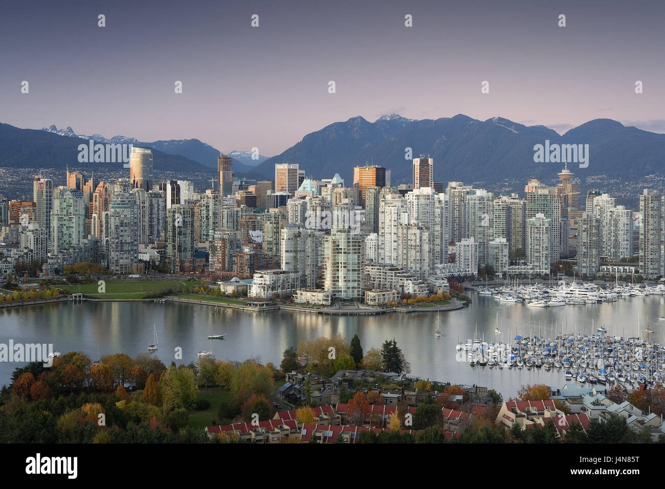 Canada, British Columbia, Vancouver, False Creek, centre of the city, town view, harbour, North America, British Colombia, town, port, high rises, buildings, architecture, water, boats, yacht harbour, dusk, mountains, Stock Photo