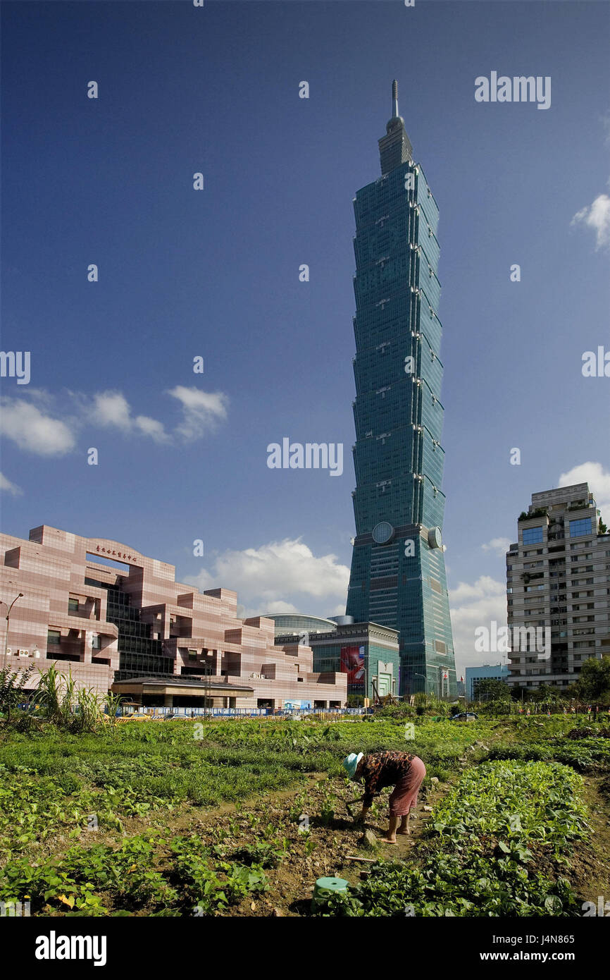 Taiwan, Taipeh, town view, Taipei Financial centre, field, worker, no property release, Asia, Eastern Asia, town, capital, city, metropolis, building, skyscraper, high rise, architecture, agriculture, contrast, Stock Photo