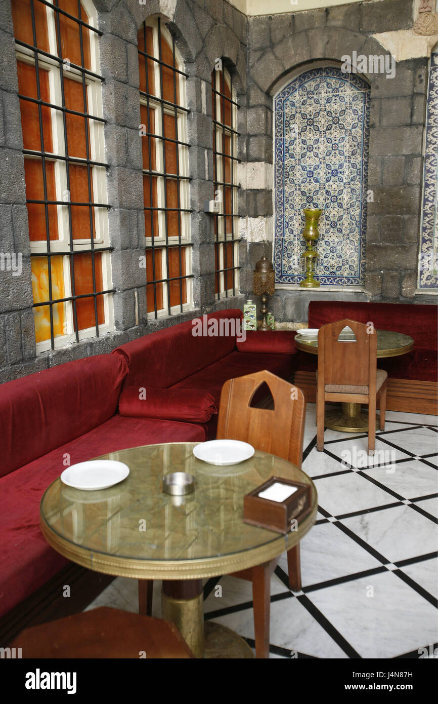 Syria, Damascus, Old Town, Souq, cafe, bazaar, Palace, café, tea bar, teahouse, contact point, restaurant, setup, tables, chairs, deserted, inside, Weihrauchstrasse Stock Photo
