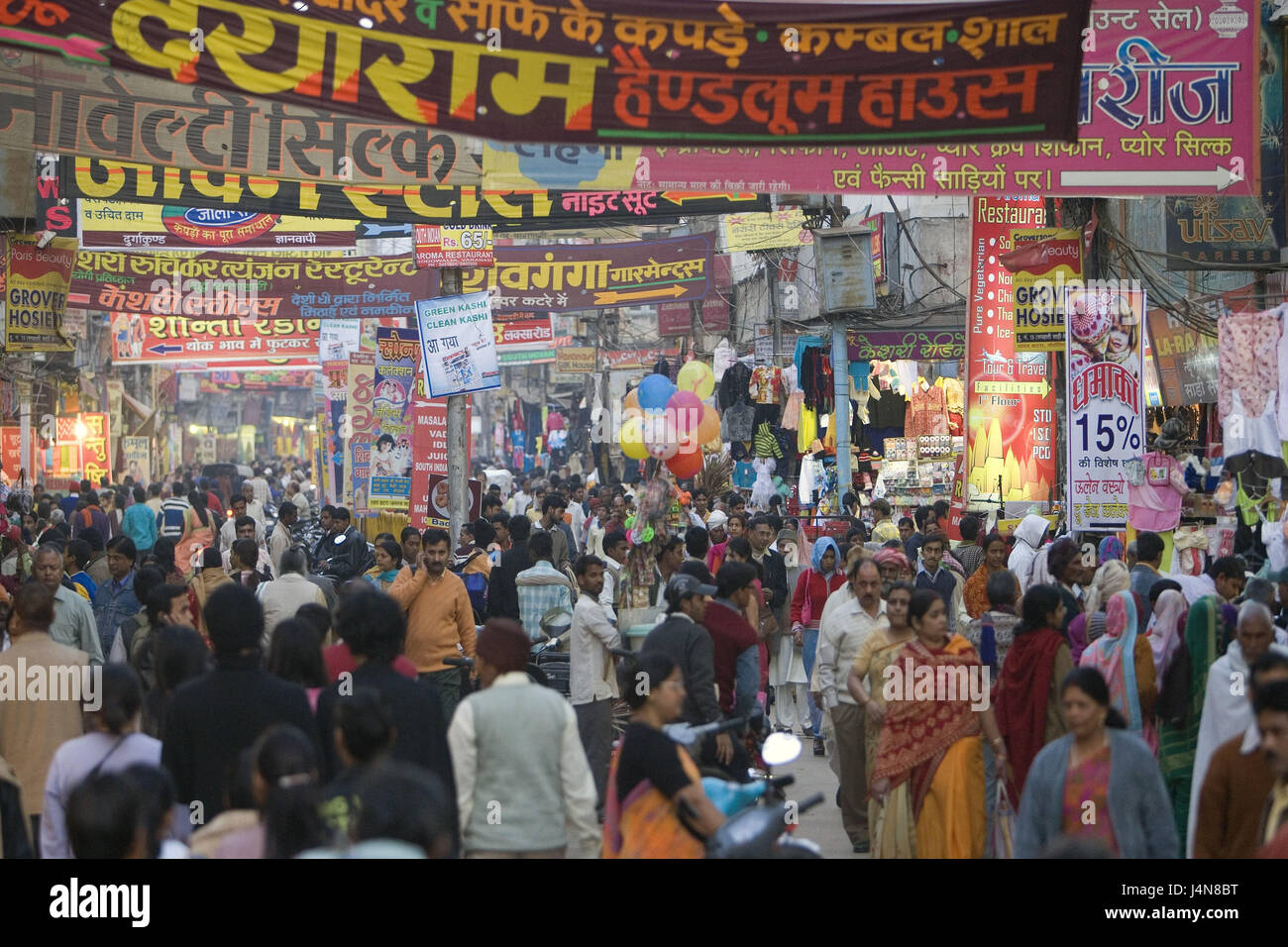 India, Uttar Pradesh, Benares, Dasaswamedh Ghat, lane, crowd of people, Stock Photo