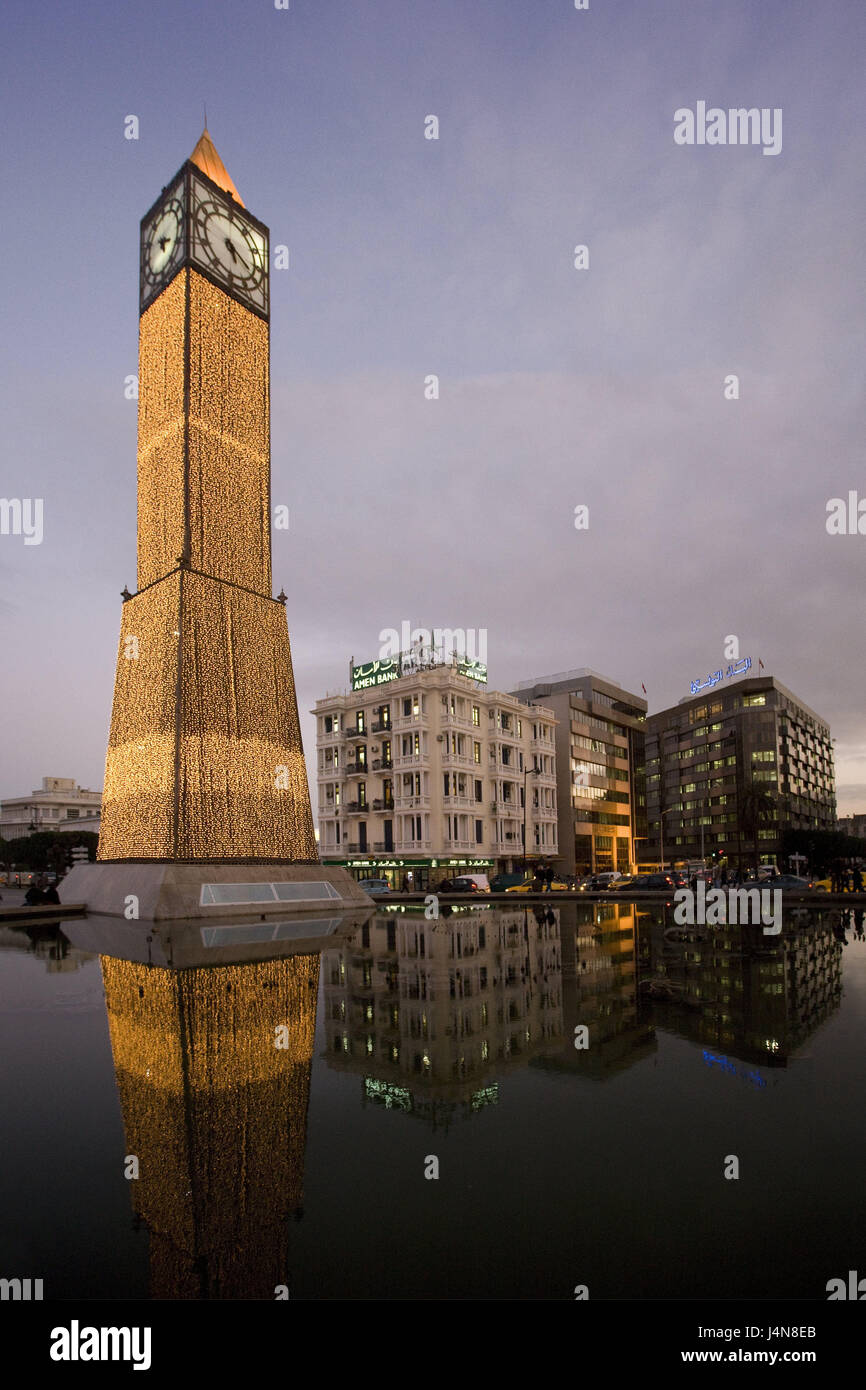 Tunisia, Tunis, space of the 7th of November, clock tower, North Africa, town, capital, landmark, tower, square, mirroring, evening, dusk, clock, place of interest, structure, Stock Photo