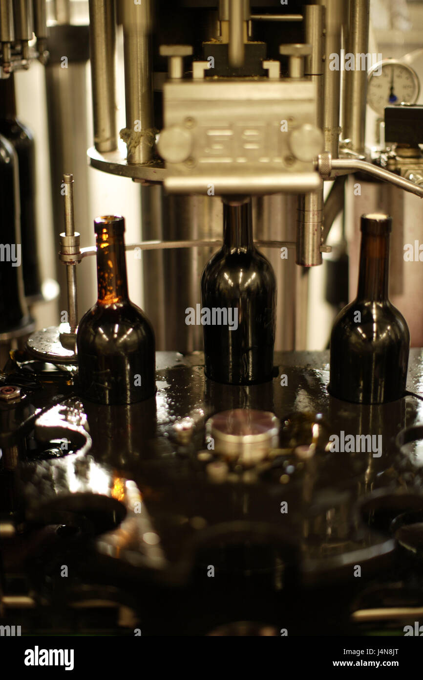 Drink industry, bottling plant, flasks, red wine, wine flasks, wine