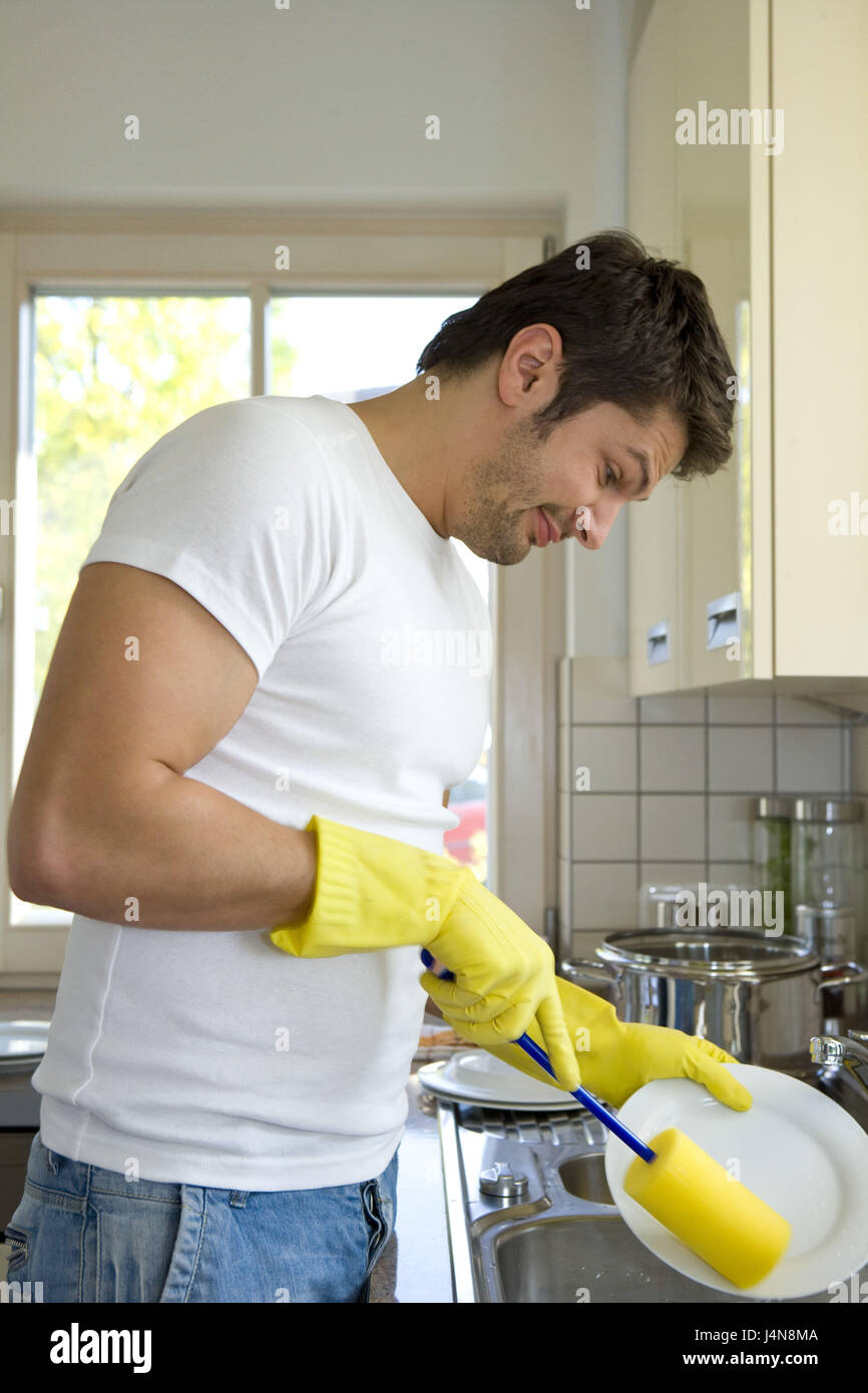 Cuisine, man, young, dishes, wash away, Stock Photo