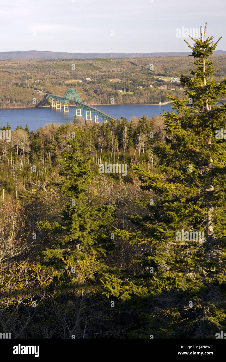 Canada, Nova Scotia, Kelly's Mountain, view, lake Great Bras d'Or, bridge, Stock Photo