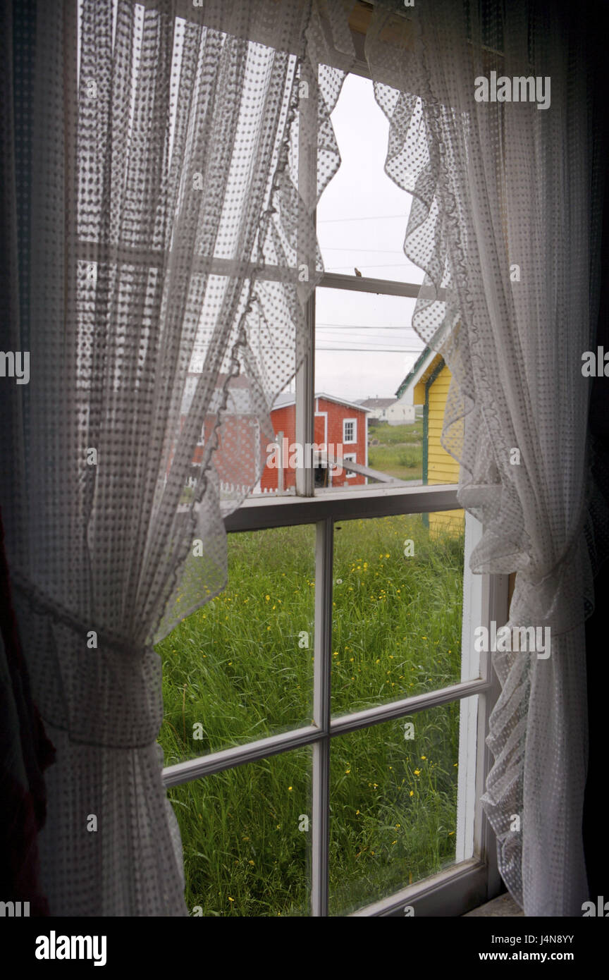 window curtains view garden neighbouring houses J4N8YY