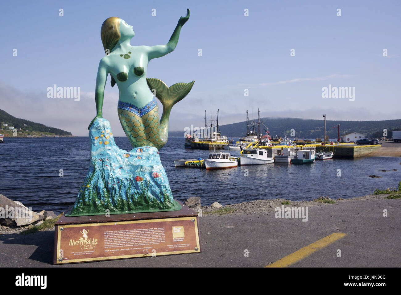 Canada, Newfoundland, Bay Bulls, harbour, monument, Mermaid Alexandra, Stock Photo