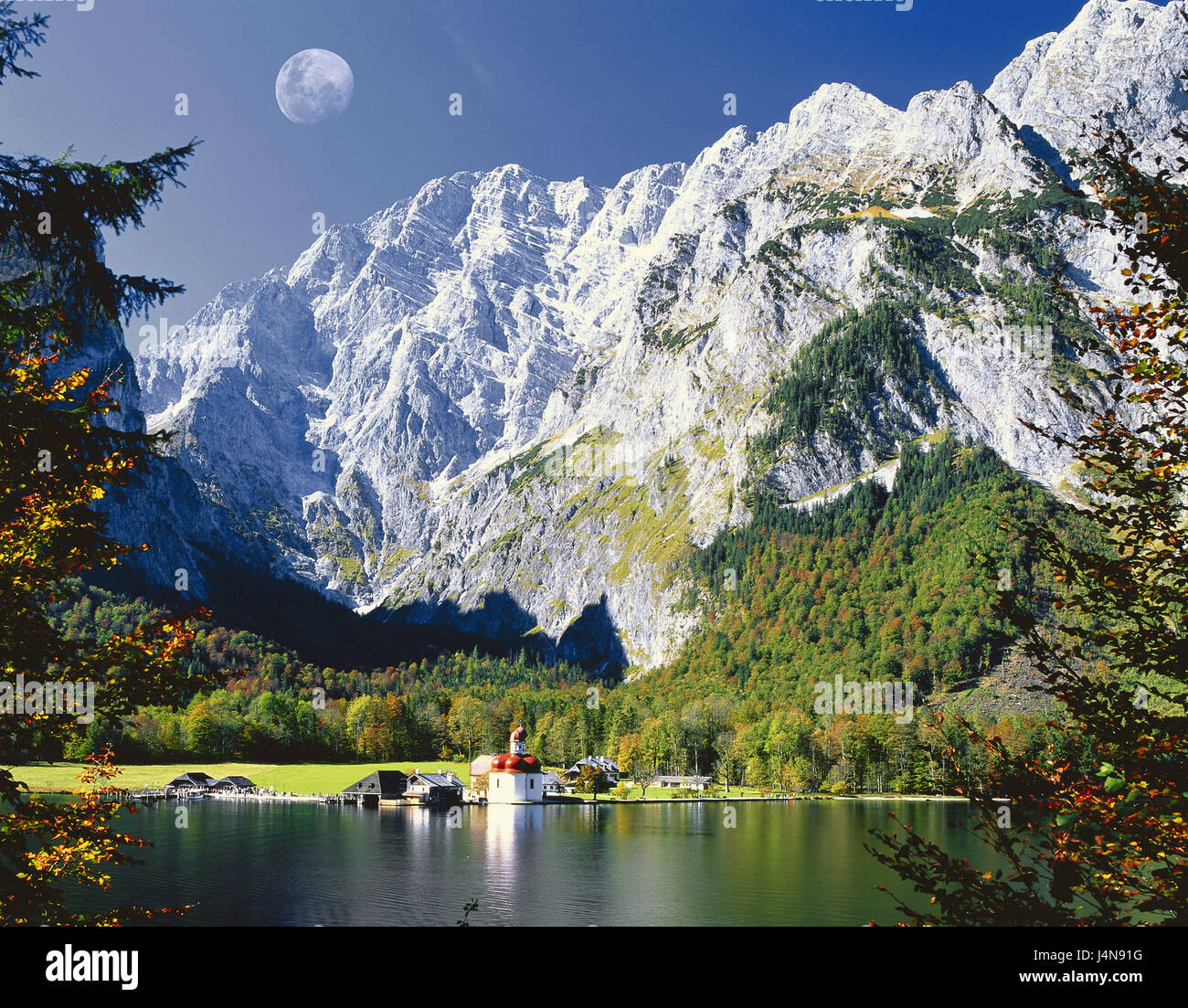 Germany, Bavaria, St. Bartholomä, the Königssee, mountains, Watzmann, moon, [M], South Germany, Upper Bavaria, lake, water, rest, silence, deserted, church, sacred construction, faith, religion, Christianity, architecture, mountains, place of interest, [M] Stock Photo
