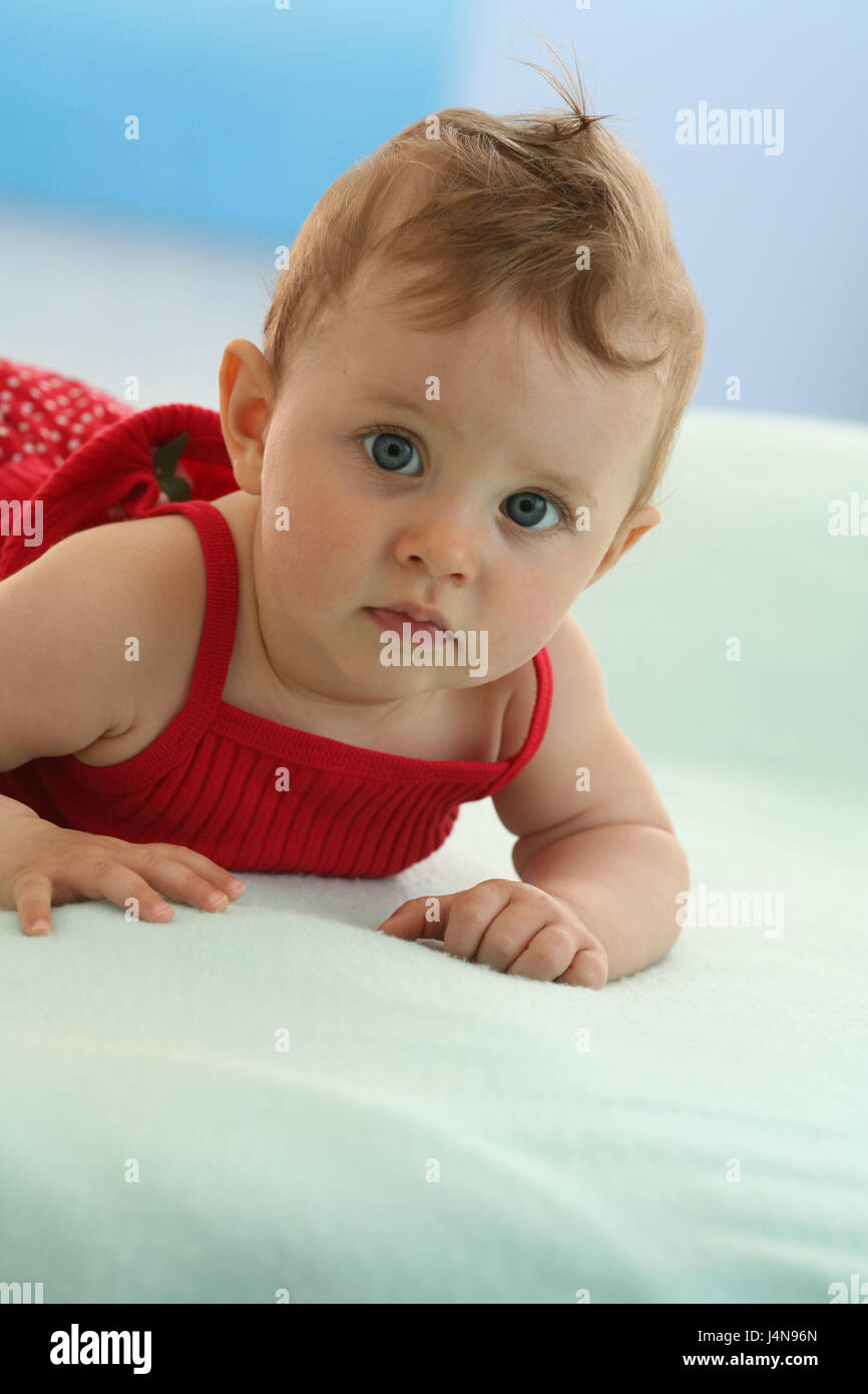 Baby Girl 6 Months Abdominal Position View Camera Sadly Portrait Model Released Not Freely For Magazine Title Mk Rb People Infant Dresses Lie Red Abdomen Arms Add Support Seriously Facial Play Dark Haired Indoor