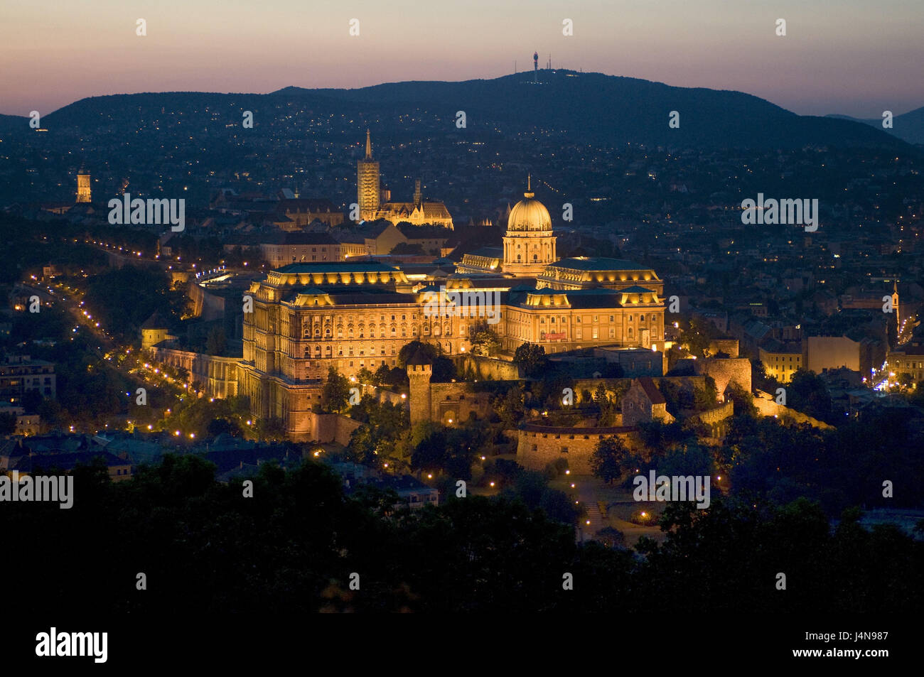 Hungary, Budapest, town view, castle mountain, palace, lighting, evening, Stock Photo