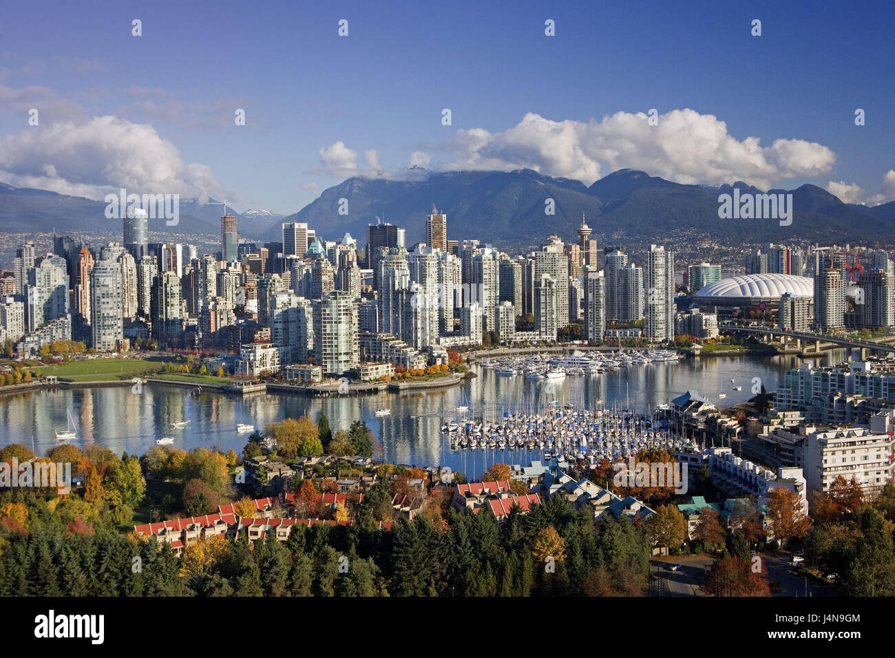 Canada, British Columbia, Vancouver, town view, False Creek, centre of the city, North America, town, skyline, high rises, harbour, building, architecture, water, season, autumn, sky, clouds, Stock Photo