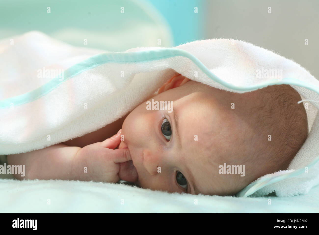Baby, 3 months, fingers, mouth, thoughtfully, awake, Stock Photo