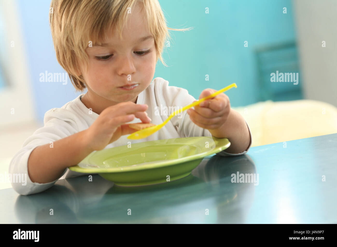 Boy, 3 years, porridge, eat, portrait, curled, Stock Photo