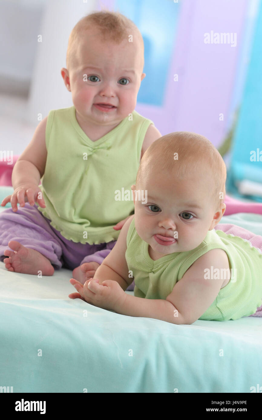 Babies, 7 months, twins, sit, lie, portrait, Stock Photo