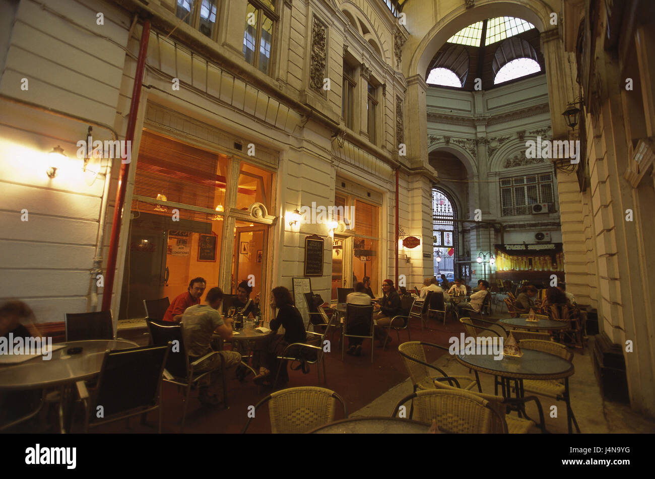 Romania, Bucharest, Old Town, Pasajul Villacros, purchasing passage, cafe,  guests, town, capital, Bucuresti, city centre, city centre, building,  passage, market house, business premises, roofs, bar, person, shopping,  coffee drinking, gastronomy ...