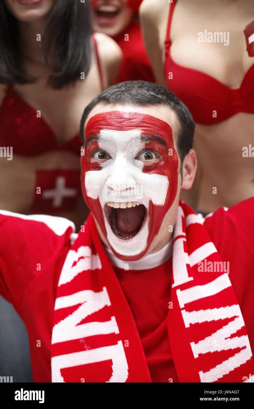 Man, young, rejoice, portrait, football fans, group, Switzerland, look