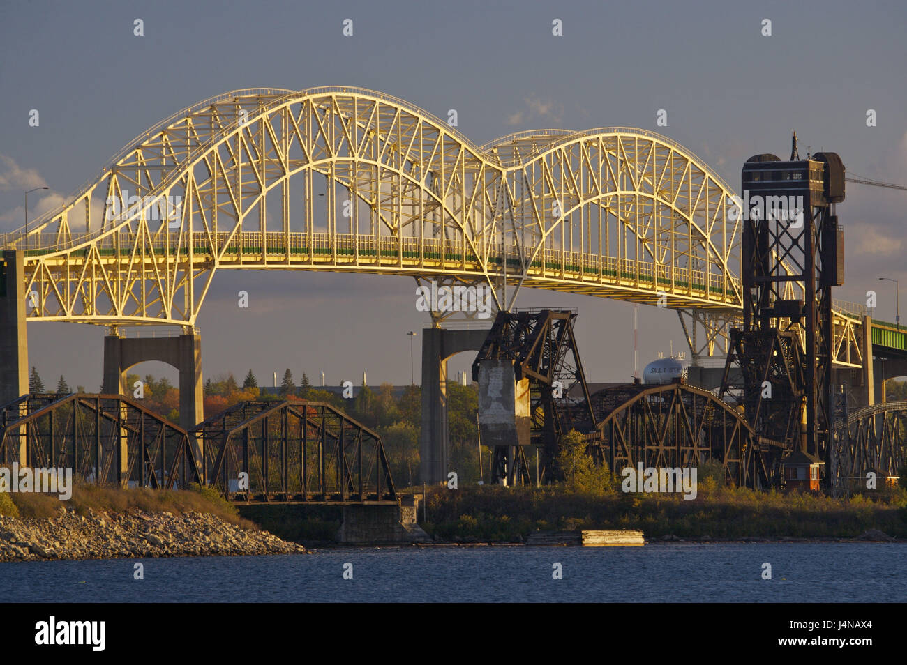 Internationally Bridge, St. Mary's River, Sault Ste Marie, Great Lakes, Ontario, Canada, Stock Photo