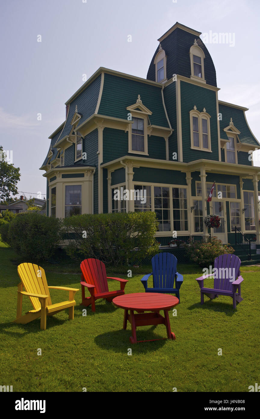 House, 'Locke Homestead', meadow, Outdoor furniture, lock port, Nova Scotia, Canada, Stock Photo