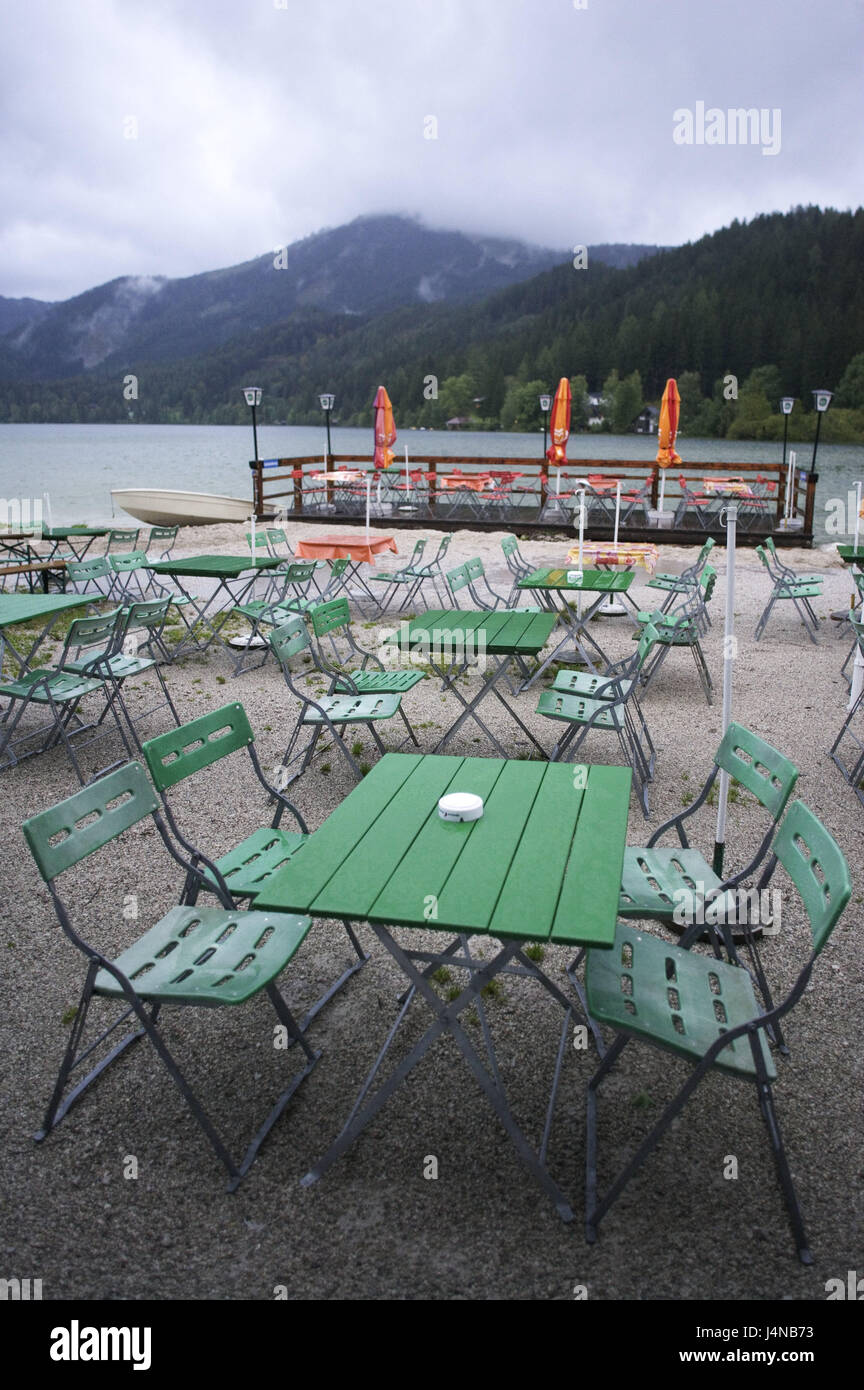 Austria, Styria, Erlaufsee, shore, beer garden, lake, bath lake, gastronomy, bar, chairs, tables, rains, rain weather, bad weather, icon, summer tourism, tourism, exit, lonely, deserted, Stock Photo