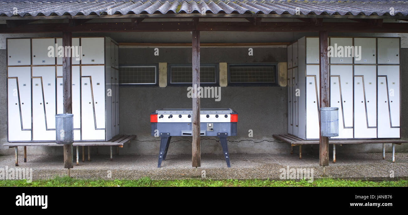 Austria, Styria, Erlaufsee, changing rooms, table football, covering, cabins, deserted, beach swimming area, building, exit, lonely, football player, machine, Stock Photo