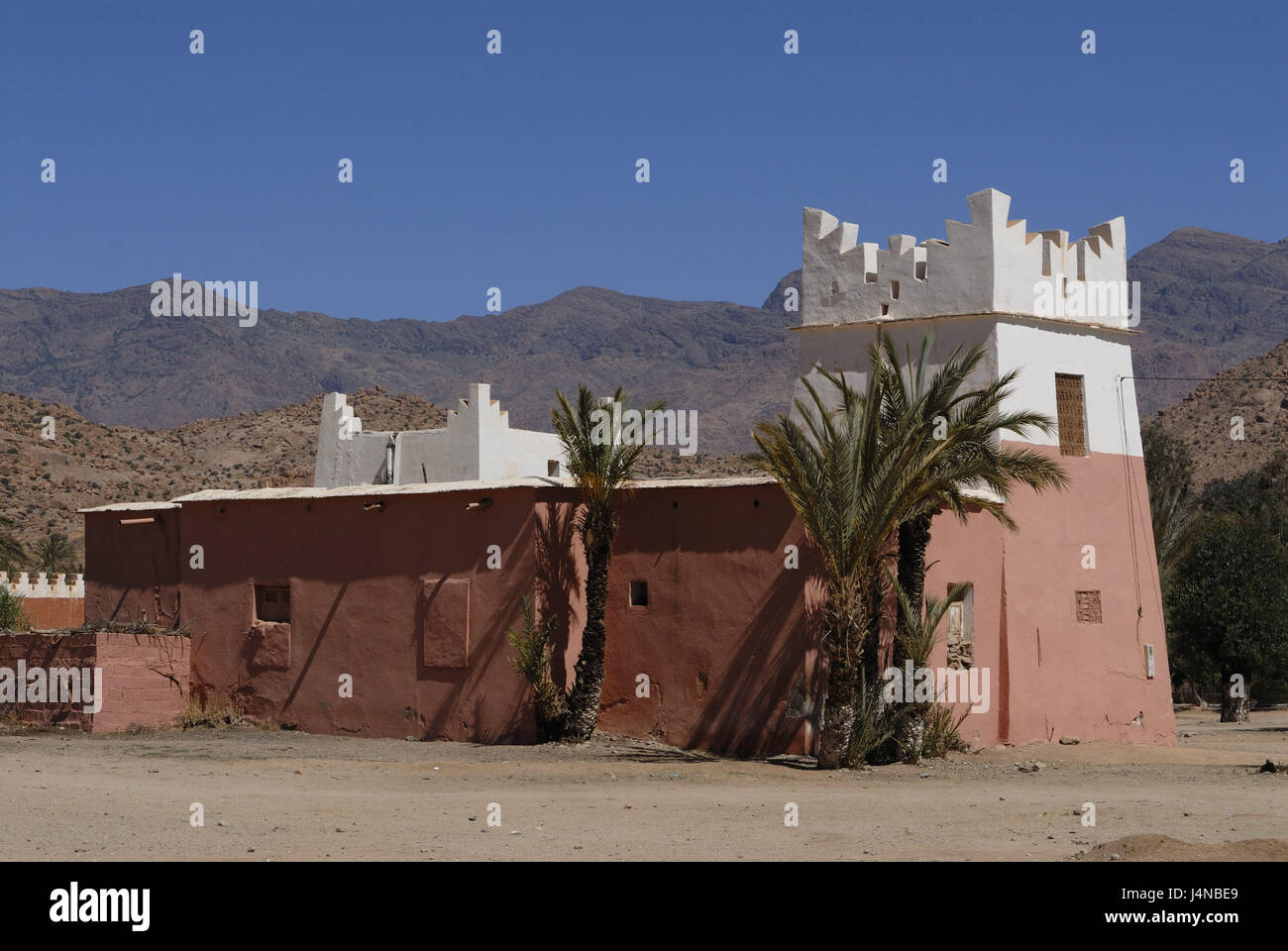 Morocco, Tafraoute, mosque, Africa, anti-atlas, rock, mountains, building, faith, religion, Islam, minaret, pink, travel, North Africa, place of interest, destination, palms, outside, Stock Photo