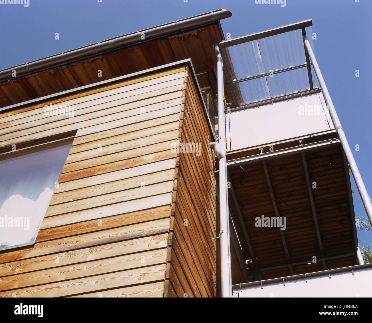 Wooden house, outside, balcony, residential house, homes, live, woodwork, house, wooden facade, wooden ribs, weather boarding, architectural style, style, architecture, multistoried, Überdachung, roof, gutter, nobody, Stock Photo