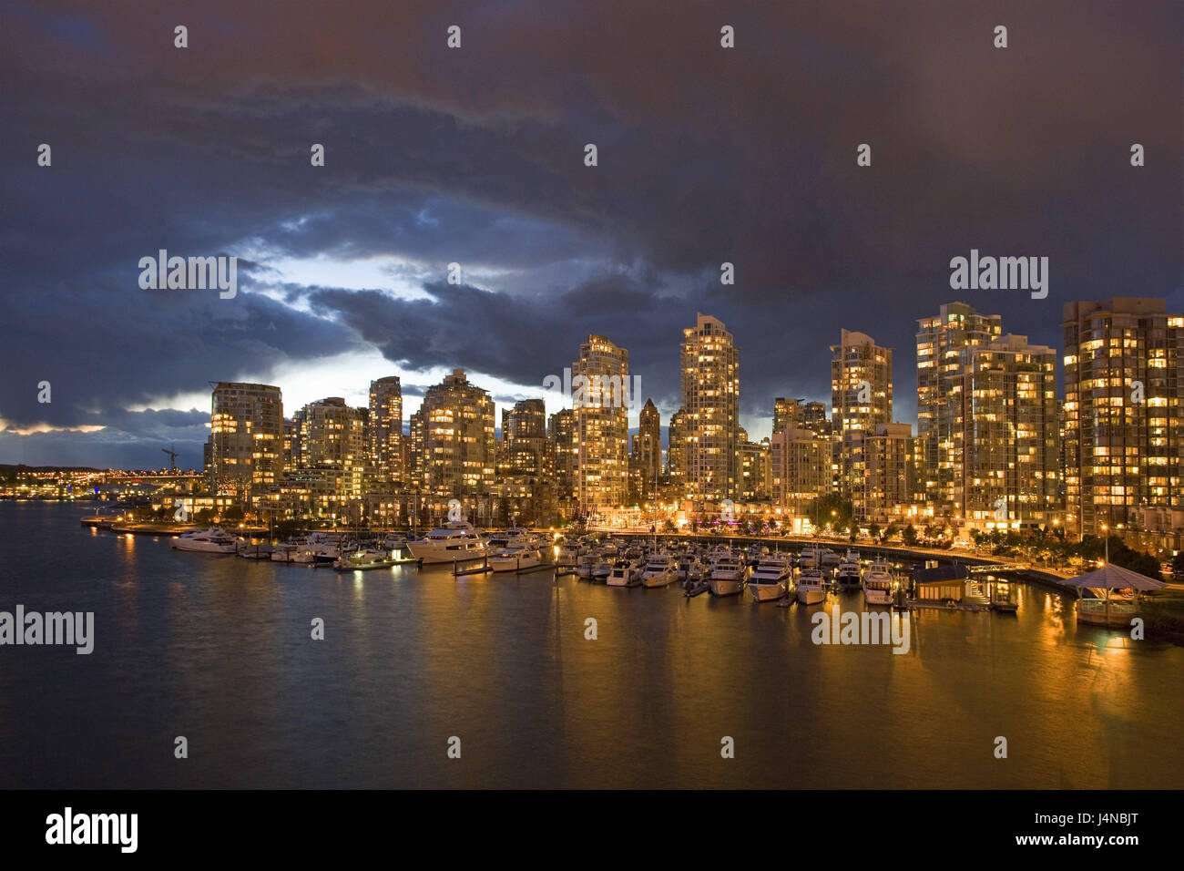 Canada, British Columbia, Vancouver, town view, False Creek, centre of the city, evening, North America, town, skyline, high rises, harbour, building, architecture, lighting, sky, cloudies, Stock Photo