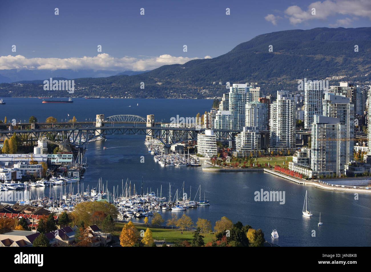 Canada, British Columbia, Vancouver, False Creek, centre of the city, town view, North America, British Colombia, town, harbour, port, high rises, buildings, architecture, bridge, water, ship, boats, view, Stock Photo