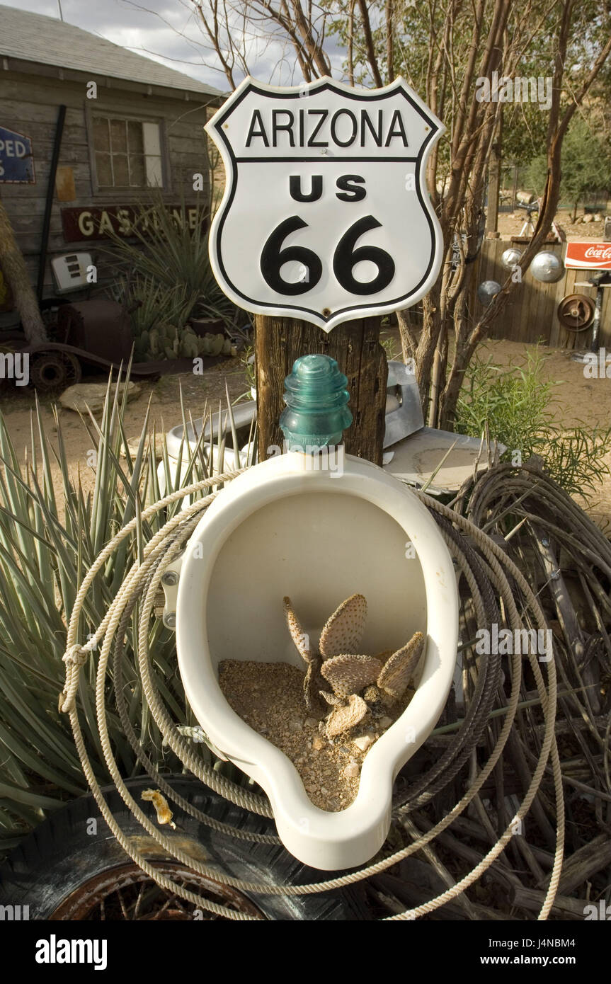The USA, Arizona, route 66, Hackberry, backyard, scrap metal, urinal, cacti, dries up, Stock Photo