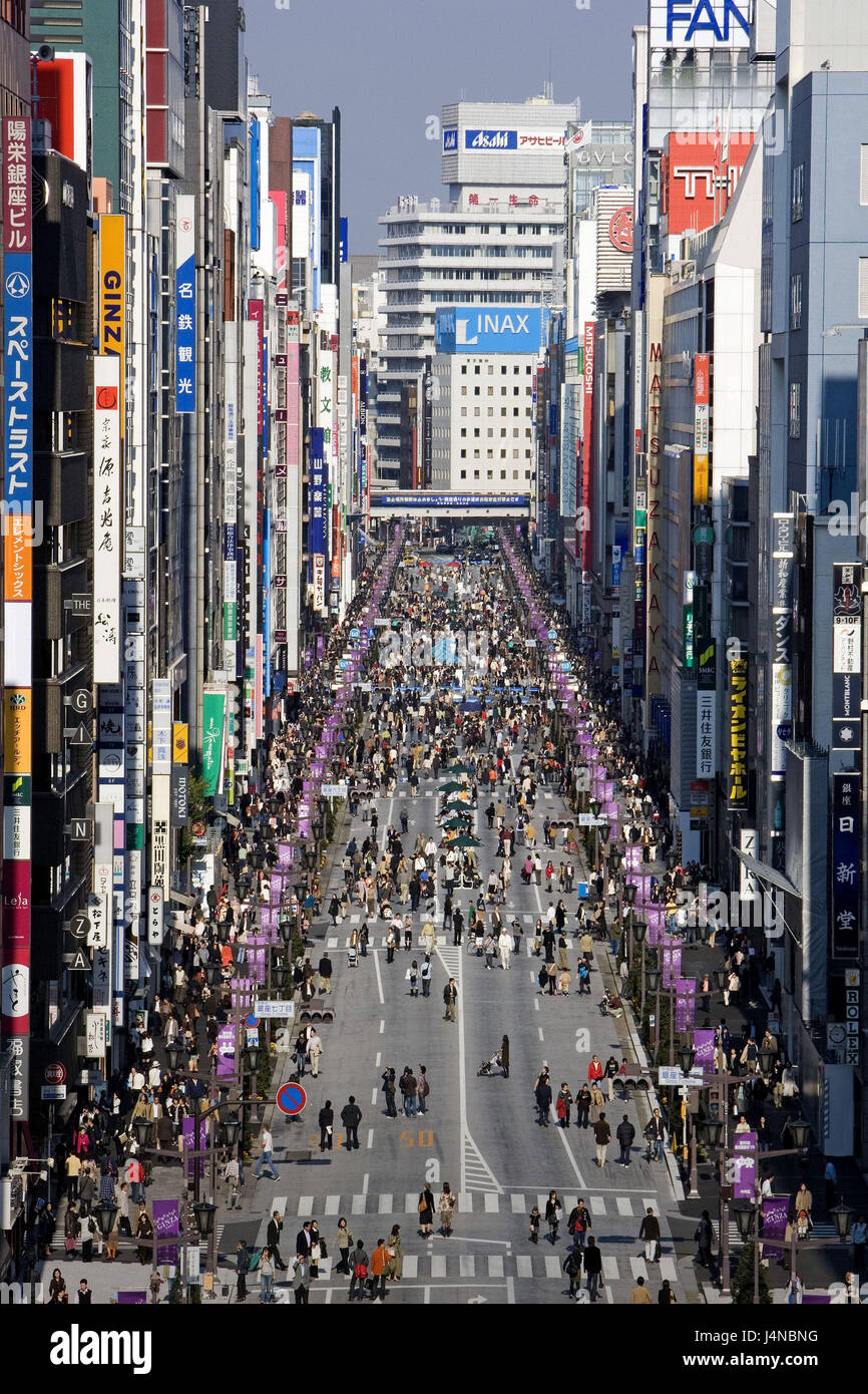 Japan, Tokyo, Ginza, Chuo Avenue, passer-by, Asia, Eastern Asia, town, capital, city, part of town, shopping street, houses, buildings, business premises, advertisement, advertisement, person, crowd of people, street, pedestrian, Stock Photo