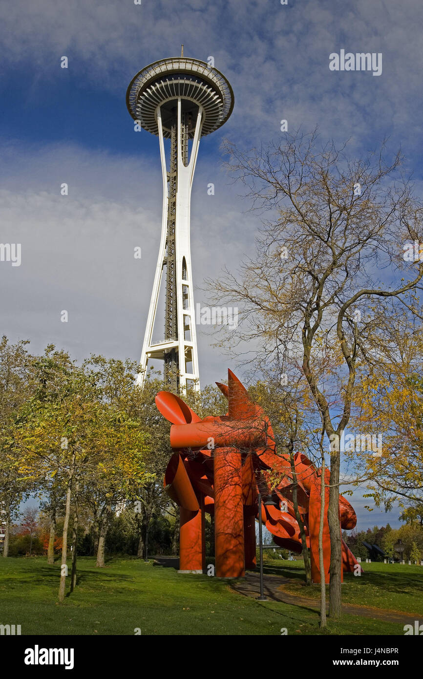 The USA, Seattle, Pacific Science centre, Space Needle, North America, destination, town, city, high rise, building, architecture, place of interest, sculpture, red, park, trees, Stock Photo