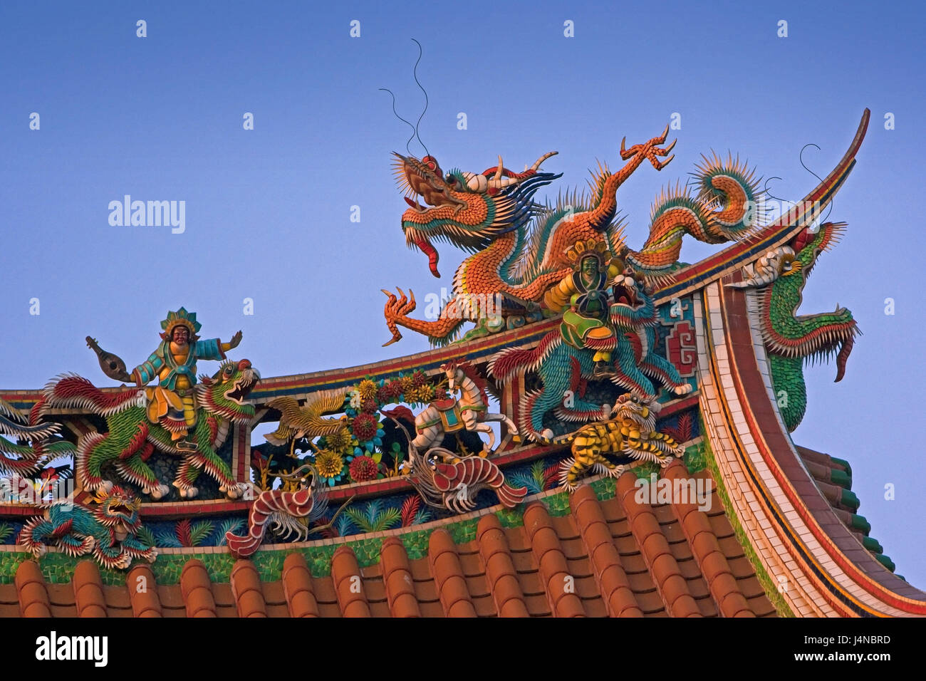 Taiwan, Taipeh, Longshan temple, roof, detail, Asia, Eastern Asia, town, capital, building, temple building, architecture, faith, religion, Buddhism, outside, Stock Photo