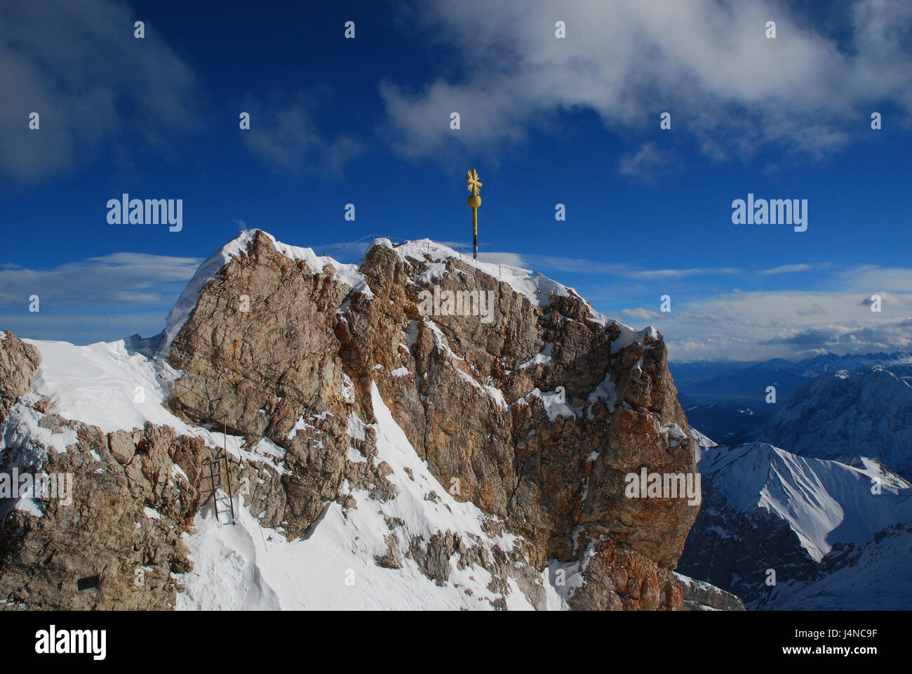 Germany, Bavaria, Zugspitze, summits, cross, Alpine panorama, cloudy sky, Upper Bavaria, alps, mountains, mountains, Zugspitze summits, east summits, golden, summit cross, scenery, snow, mountain panorama, Gipelpanorama, place of interest, view, , nobody, loneliness, silence, outside, Stock Photo
