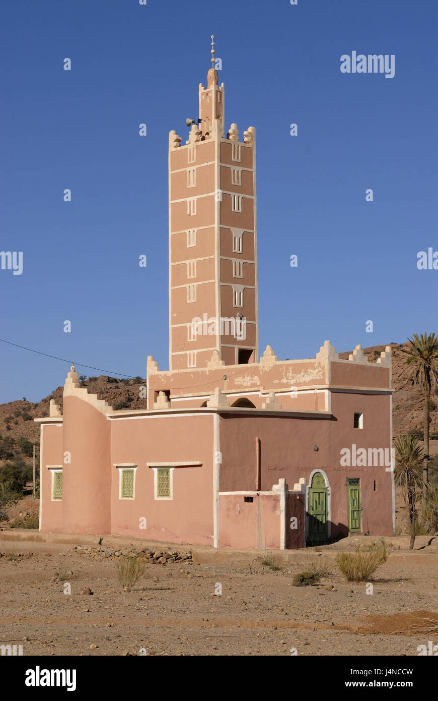 Morocco, Tafraoute, mosque, Africa, anti-atlas, rock, mountains, building, faith, religion, Islam, minaret, pink, travel, North Africa, place of interest, destination, Stock Photo