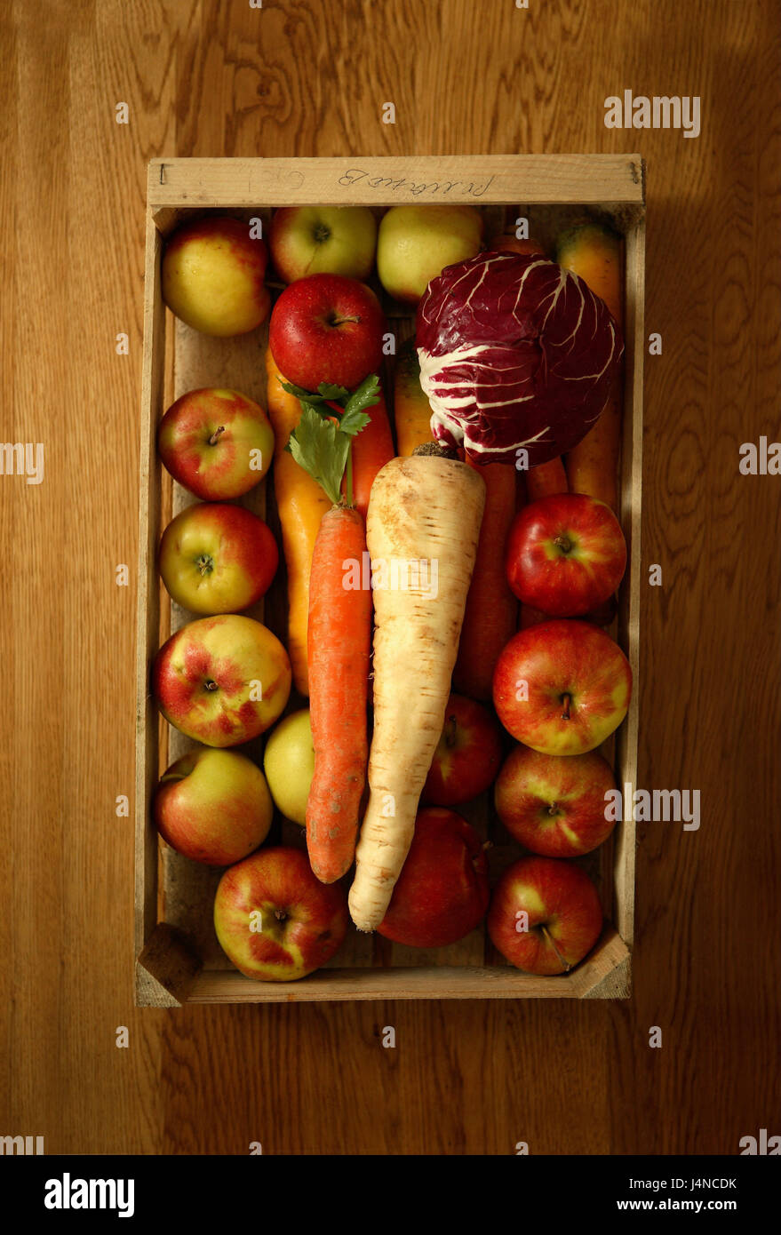 wooden box, fruit, vegetables, table, box, fruit box, vegetable box, carrots, carrots, apples, Radicchio, parsnips, salad, fruits, nutrition, healthy, health, vitamins, inside, Stock Photo