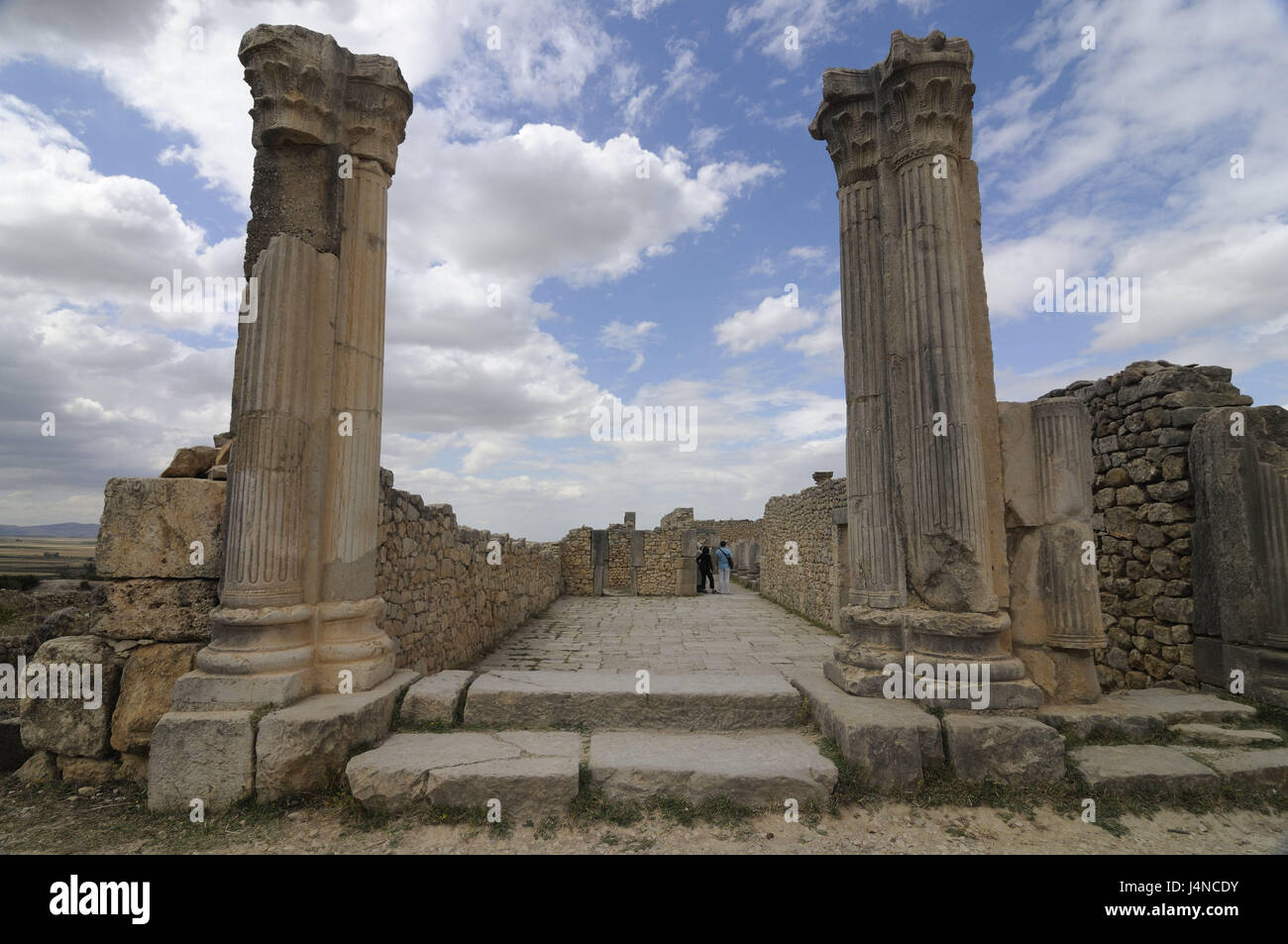 Morocco, Volubilis, ruins, pillars, defensive walls, Africa, North Africa, ruin site, place of interest, travel, culture, story, ruin, building, structure, remains, architecture, transitoriness, historically, Roman, excavation site, UNESCO-world cultural heritage, tourism, Stock Photo