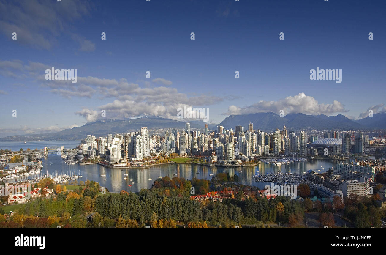 Canada, British Columbia, Vancouver, town view, False Creek, centre of the city, North America, town, skyline, high rises, harbour, building, architecture, water, season, autumn, sky, clouds, view, Stock Photo