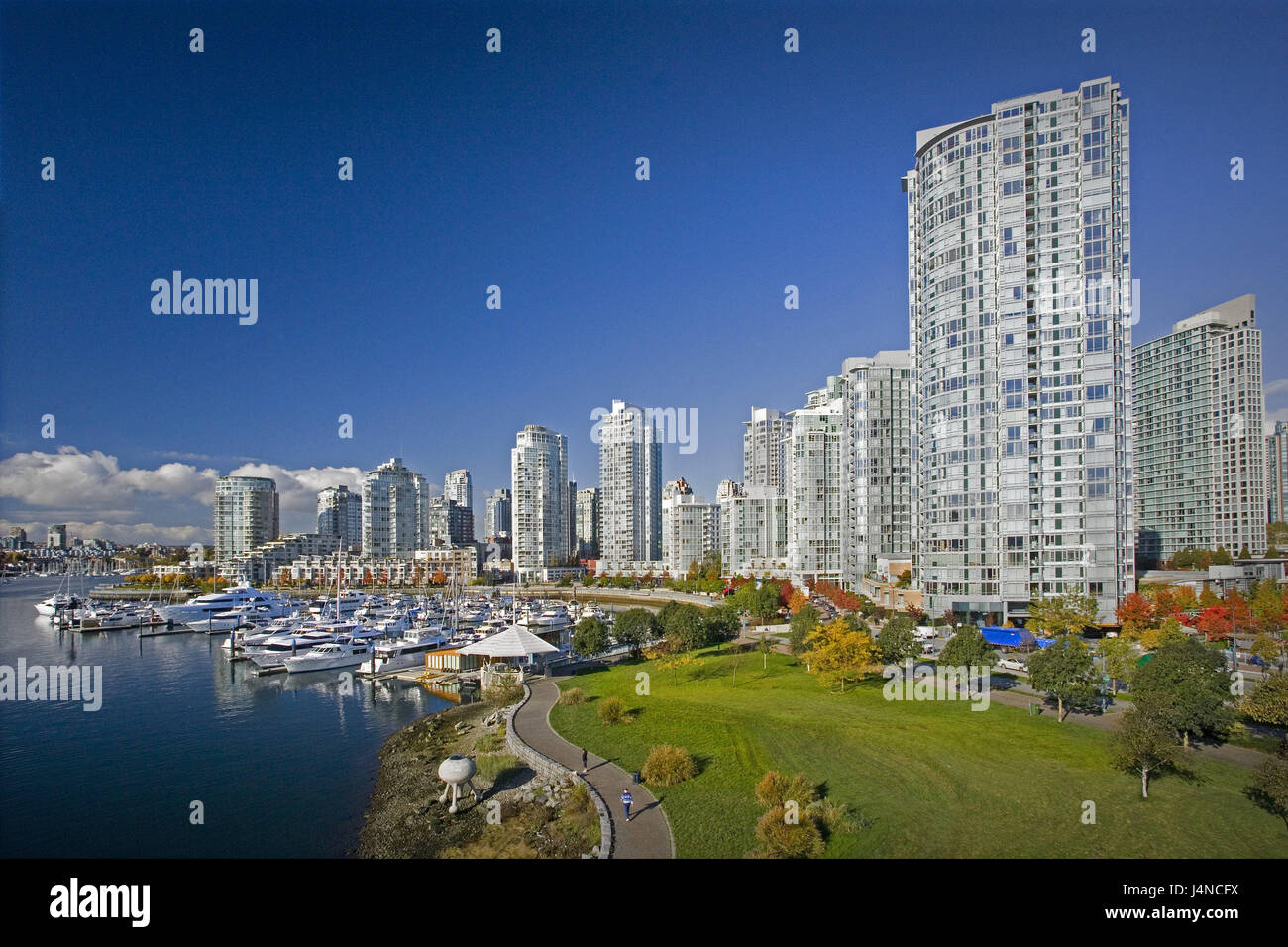 Canada, British Columbia, Vancouver, town view, False Creek, centre of the city, North America, town, skyline, high rises, harbour, building, architecture, water, season, autumn, sky, boats, yacht harbour, Stock Photo