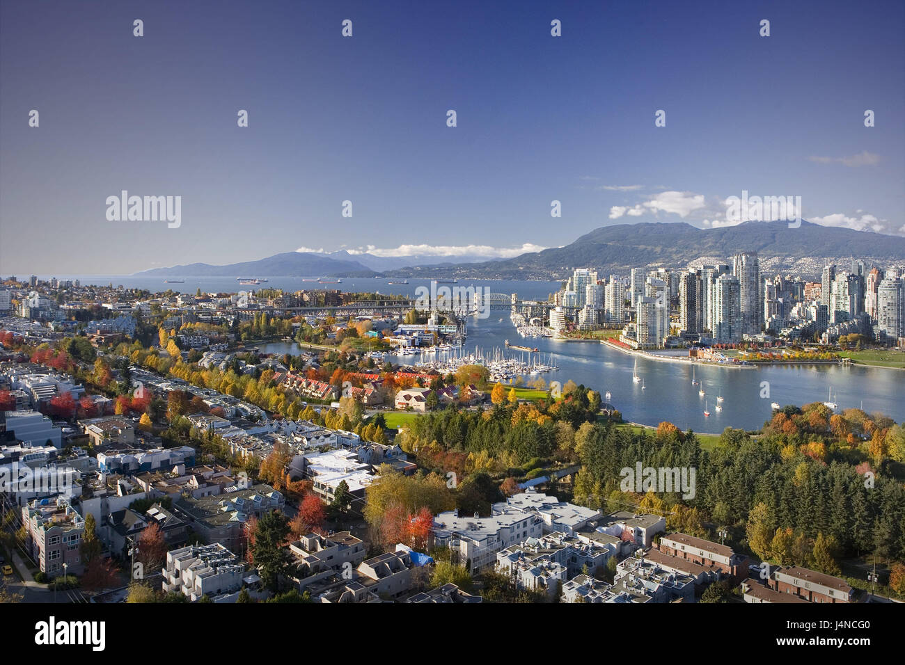 Canada, British Columbia, Vancouver, False Creek, centre of the city, town view, North America, British Colombia, town, port, high rises, buildings, architecture, water, ships, boats, view, Stock Photo